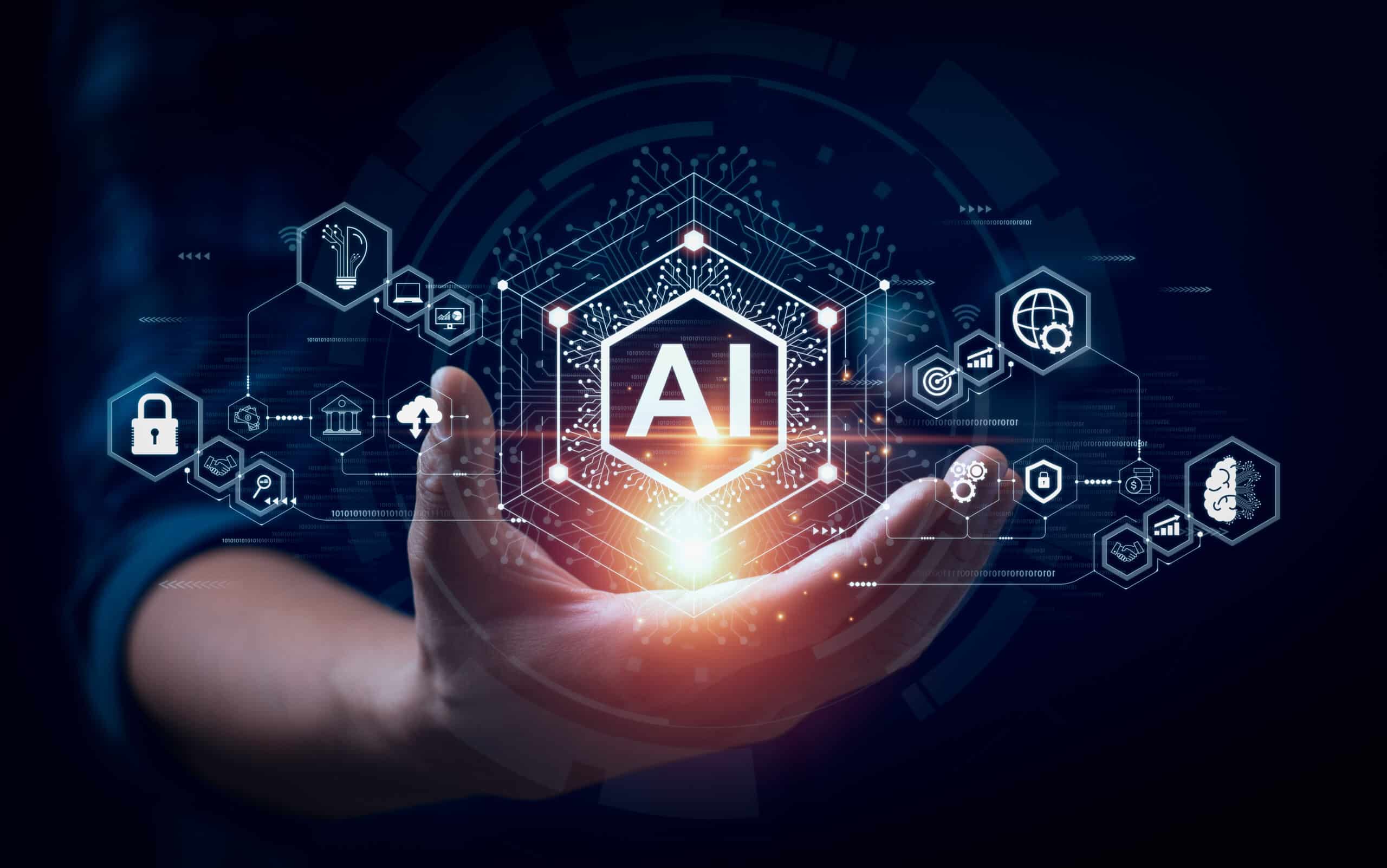 Businessman touching the brain working of Artificial Intelligence (AI) Automation, Predictive analytics, Customer service AI-powered chatbot, analyze customer data, business and technology Tangibly AI powered trade secret patent tool